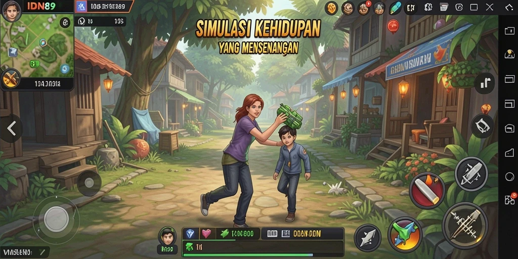Tampilan gameplay menarik dari IDN89 saat karakter berinteraksi.