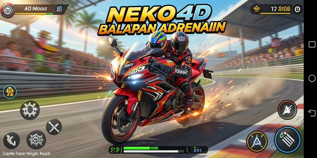 Screenshot utama NEKO4D menampilkan aksi balapan seru di lintasan.